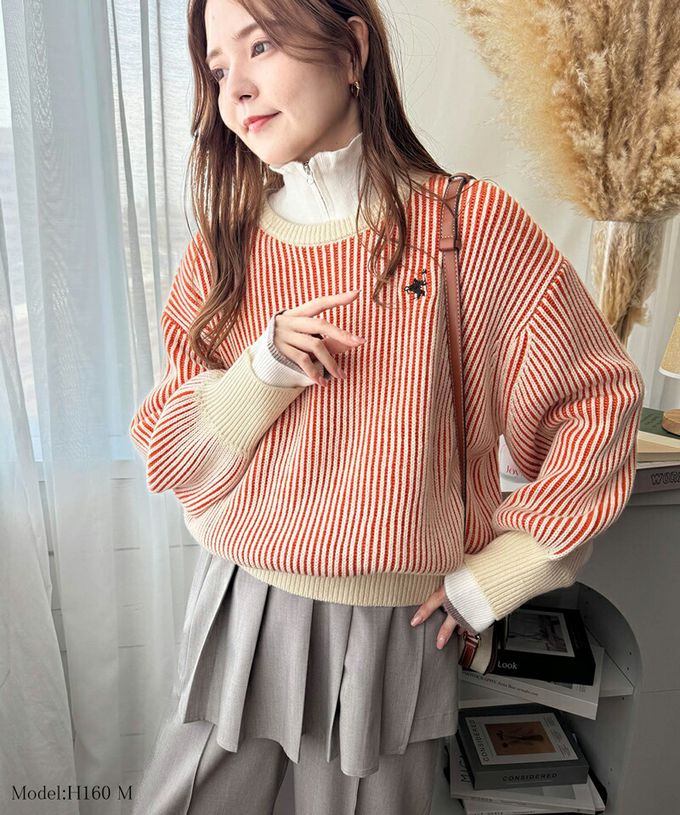 日本 Classical Elf - 刺繡logo 線條感針織長袖上衣-橘紅x米