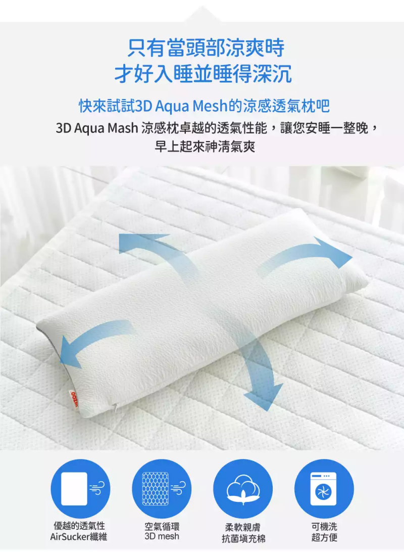 韓國 Hello HiZoo - 3D Aqua Mesh涼感加寬抗菌防蟎雙面枕套 (30x70cm)