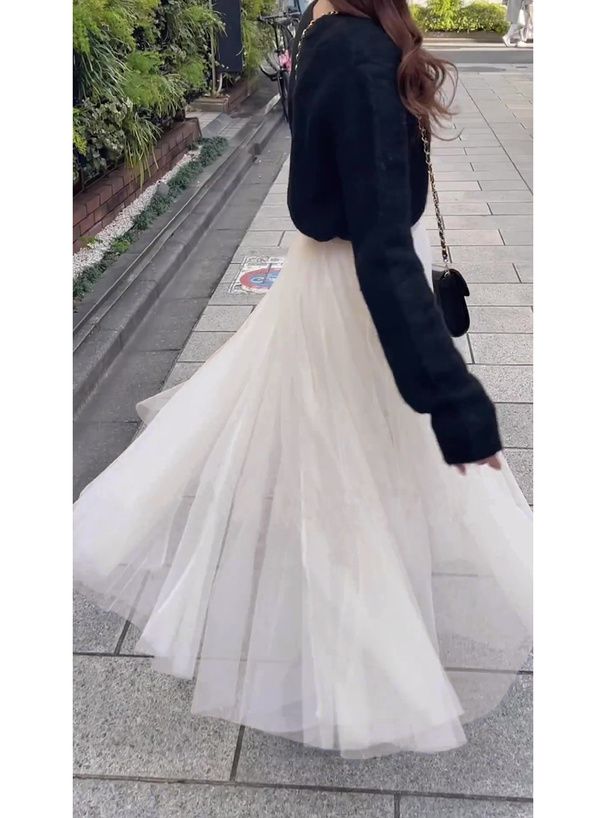 日本 GRL - 飄逸顯瘦雙層傘紗裙-灰摩卡 (M)