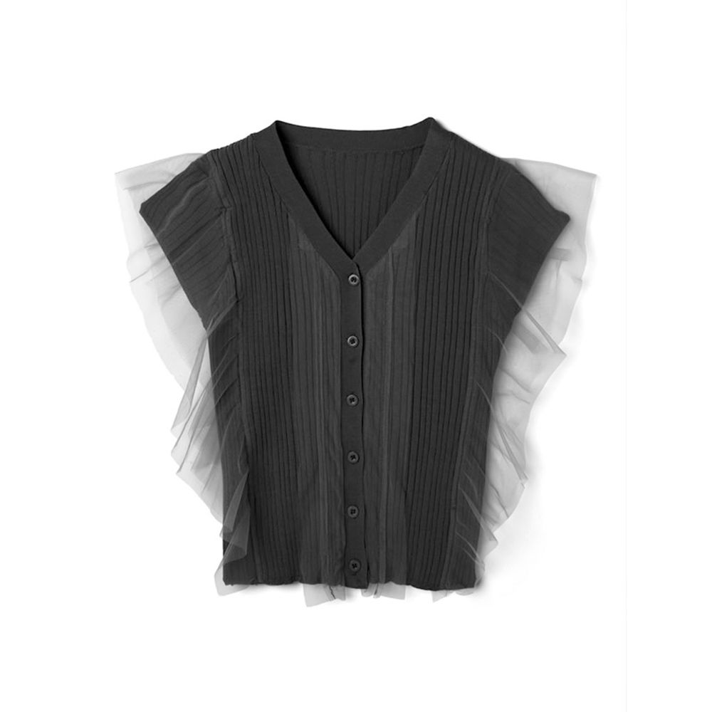 日本 GRL - 雙層薄紗設計V領排釦一分袖上衣-時尚黑