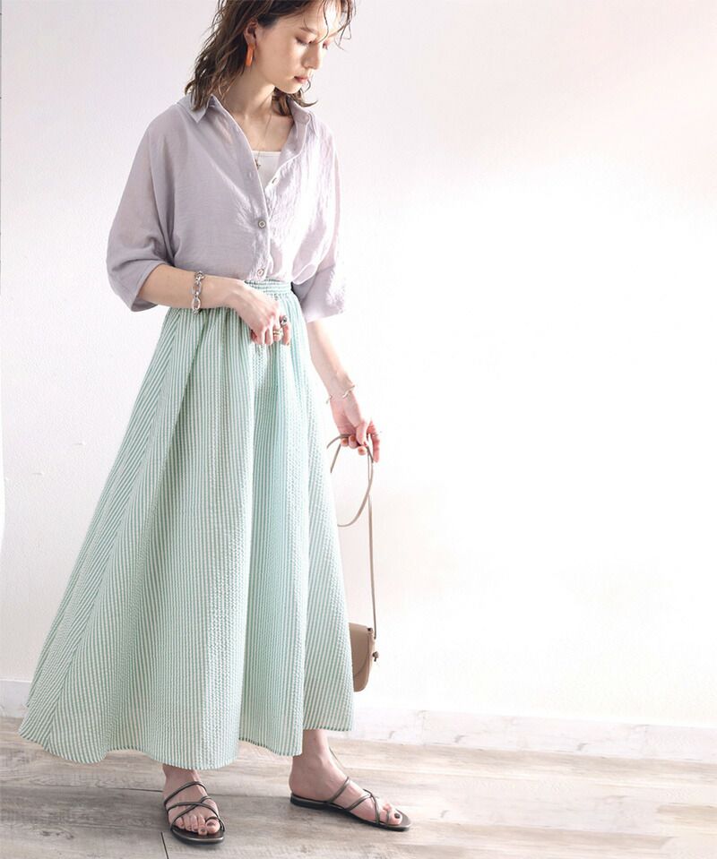 日本 Classical Elf - 春日休閒百搭長裙-直條紋-水藍
