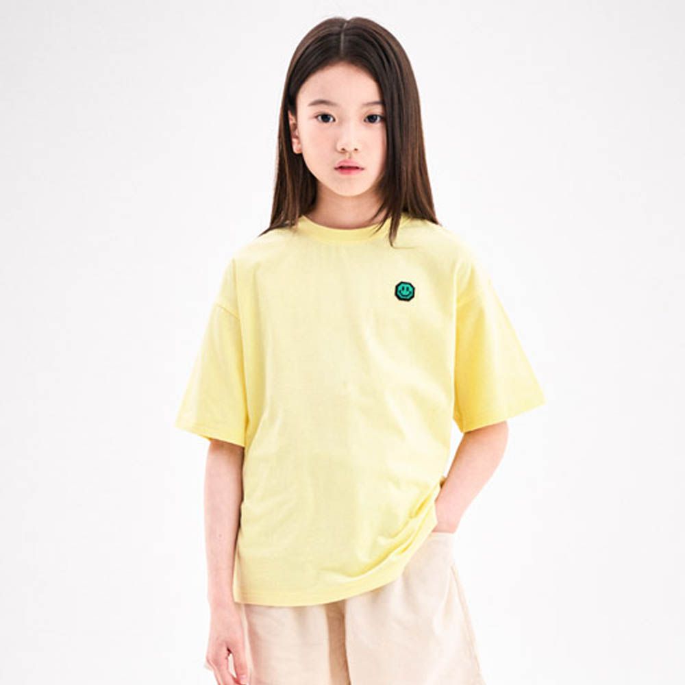 小笑臉裝飾寬鬆純棉短袖上衣-黃