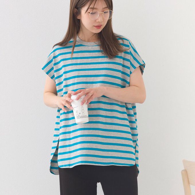 日本 OMNES - 接觸冷感 純棉不易皺法式袖上衣-粗條紋-藍綠x白