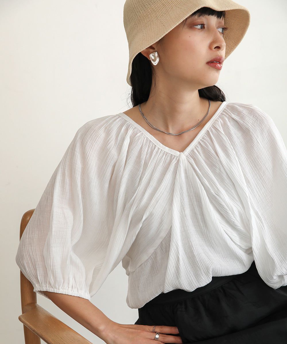 日本 Bab - 嫘縈後綁帶氣球袖上衣-咖啡