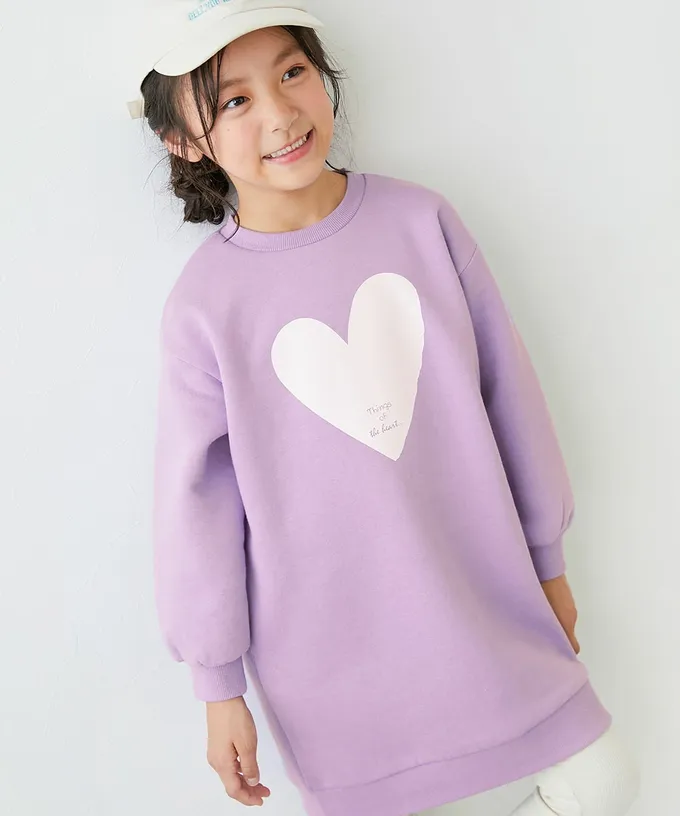 日本 devirock - 裏起毛落肩印花長袖洋裝-滿滿愛心-灰黑