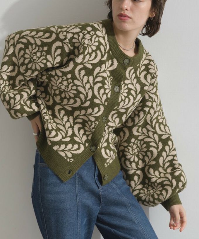 日本 Lupilien - 盛開花卉針織寬袖開襟衫/外套-咖啡