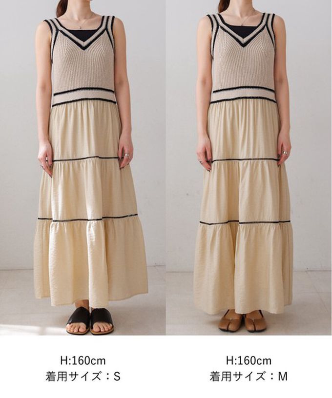 日本 Bab - 純棉針織拼接渡假風無袖洋裝-淺米杏