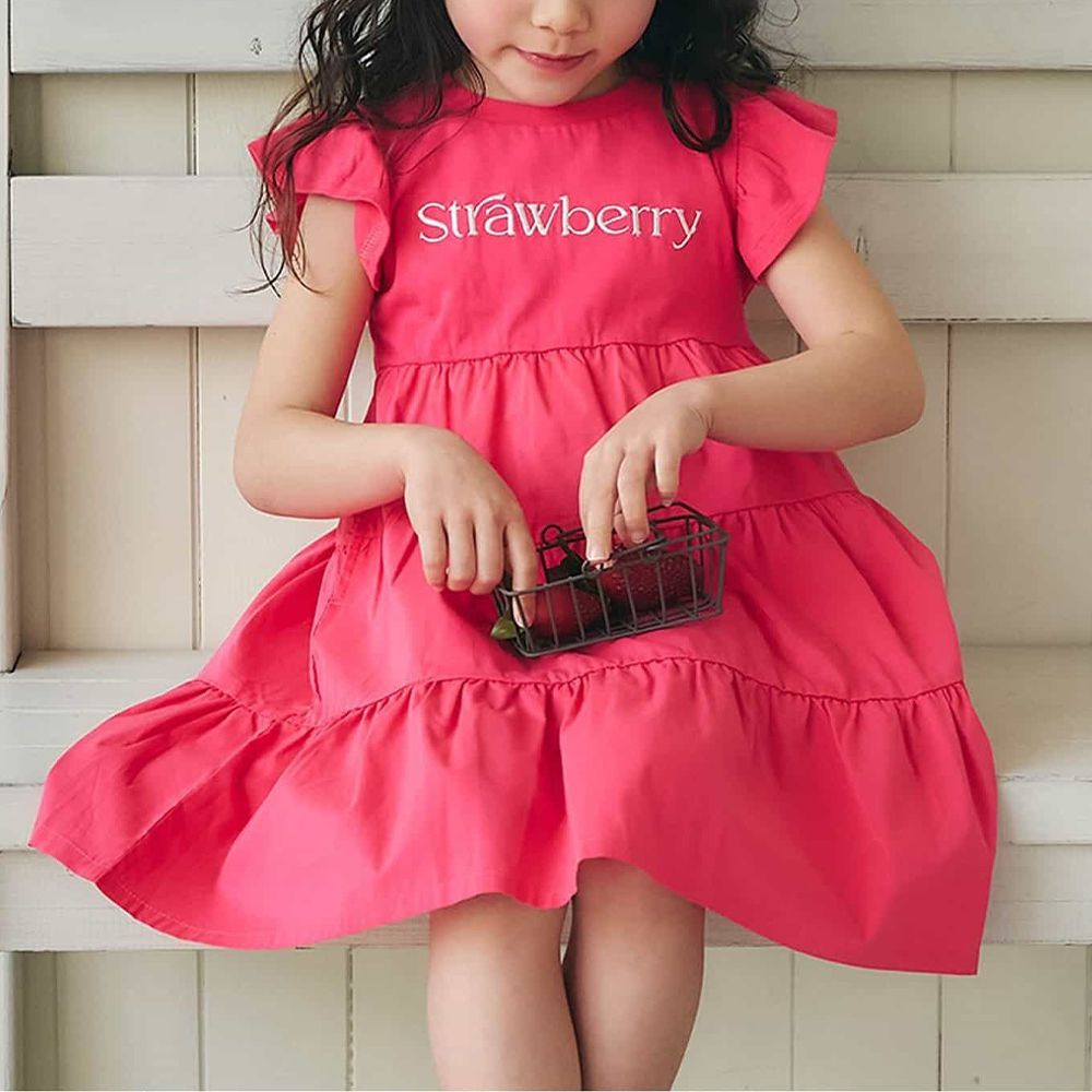 水果字母刺繡分層短袖洋裝-桃紅