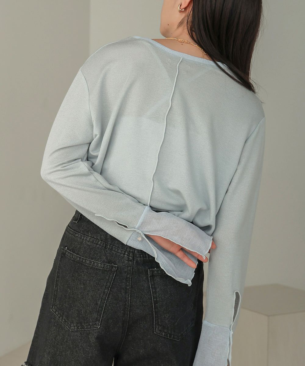 日本 Bab - 楊柳拼接珍珠薄長袖上衣-米杏