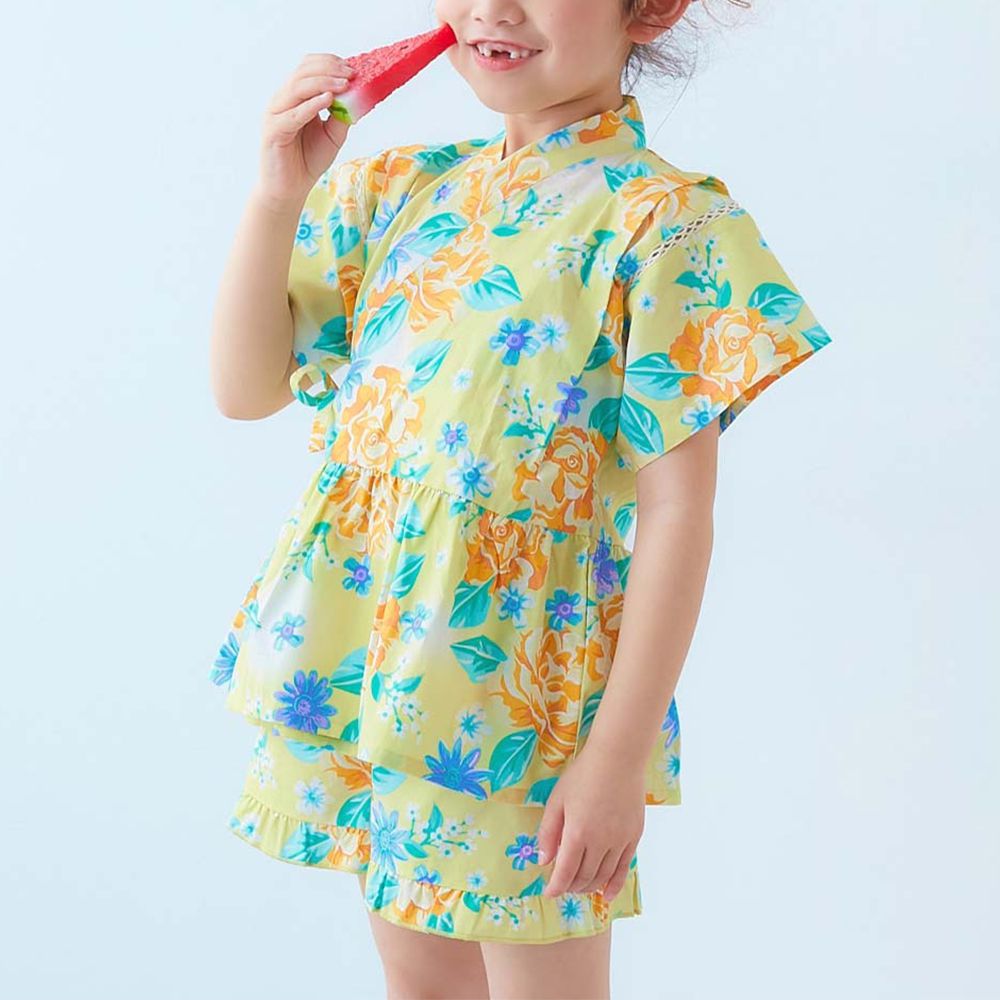 100%棉 可愛荷葉甚平套裝-浪漫玫瑰-黃x藍