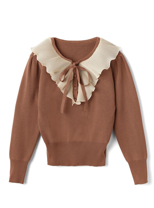 日本 GRL - 華麗貝殼紋荷葉拼接針織上衣-咖啡