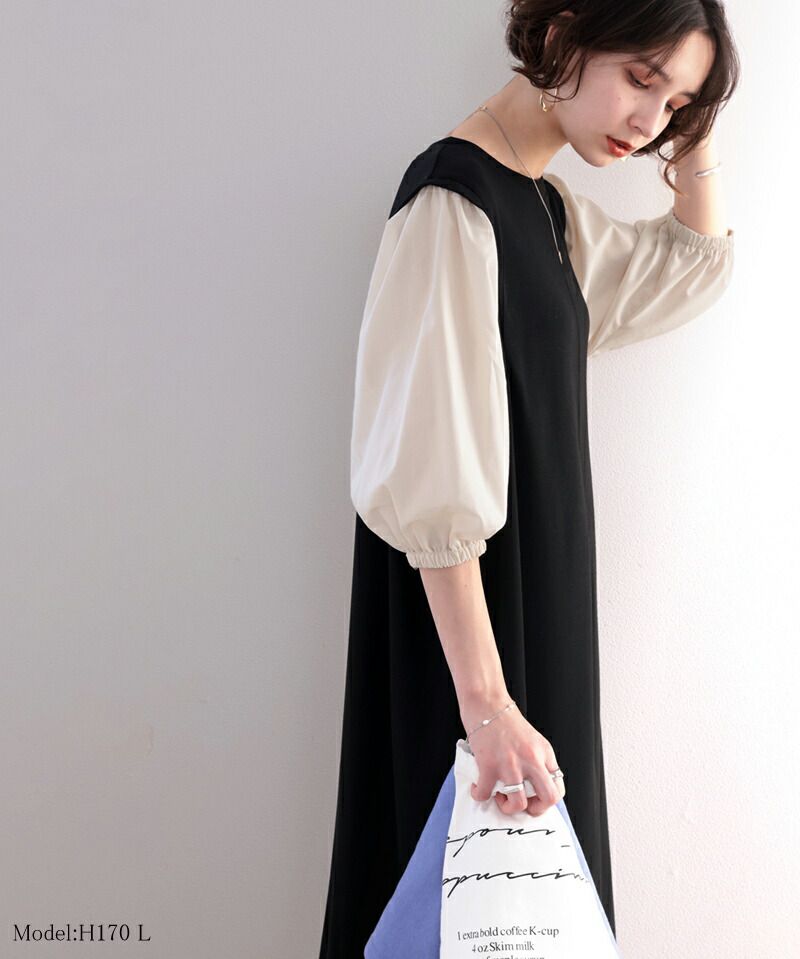 日本 Classical Elf - 優雅泡泡拼接袖修身洋裝-黑x黑