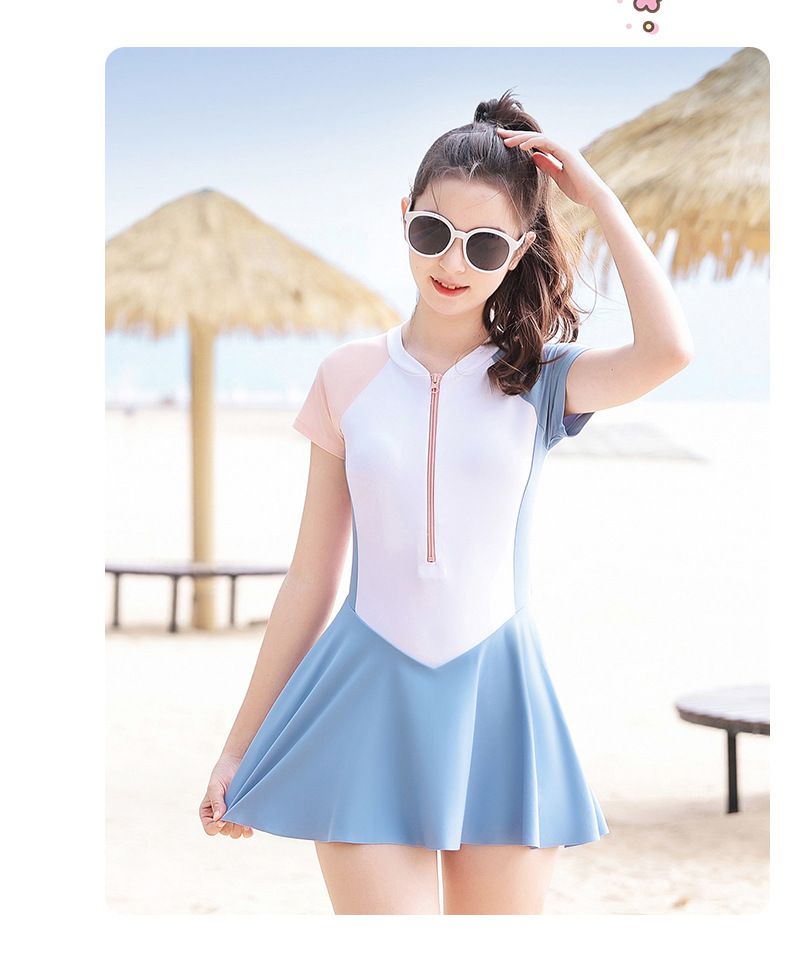 大童女孩運動風短袖連身裙泳衣-拼色款-粉+白+藍