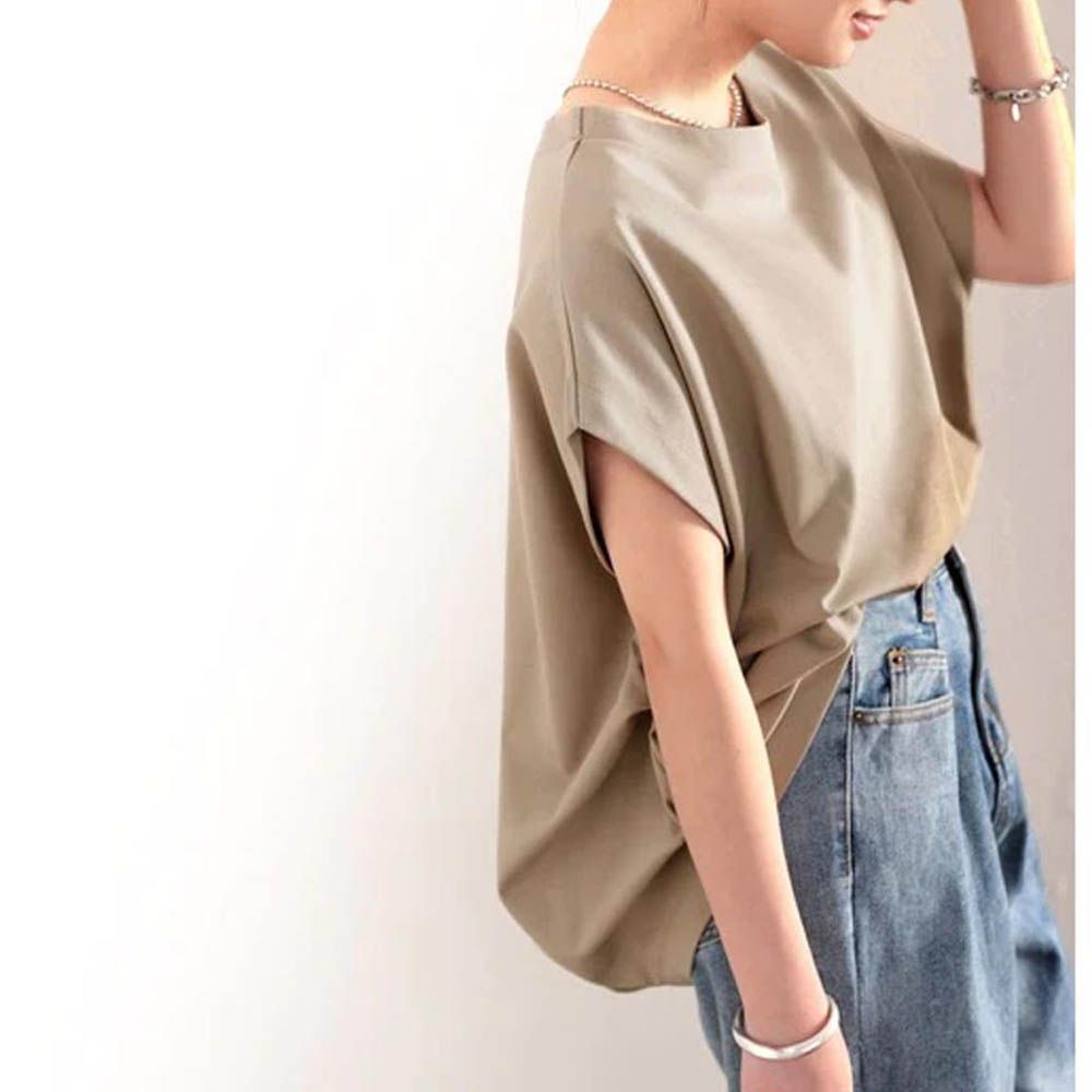 [熱銷] 100%棉顯瘦船領短袖上衣-摩卡