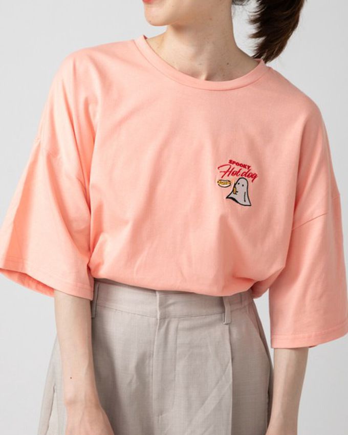 日本 gleam - 幽靈熱狗美式印花寬大風短袖T恤-燕麥灰