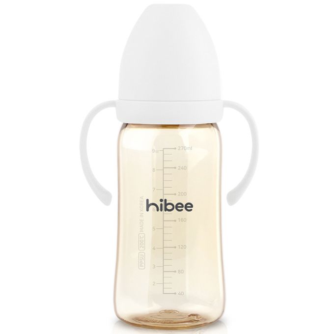 正韓 hibee - 靜謐 i 瓶 仿媽咪乳房感  『八孔360°循環防脹氣』 PPSU 寬口奶瓶/水瓶270ml_含把手-白_HB3W