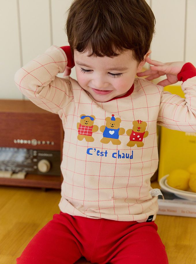 韓國 Cordi-i - 桃皮絨長袖家居服-聖誕格紋熊熊-米膚X紅