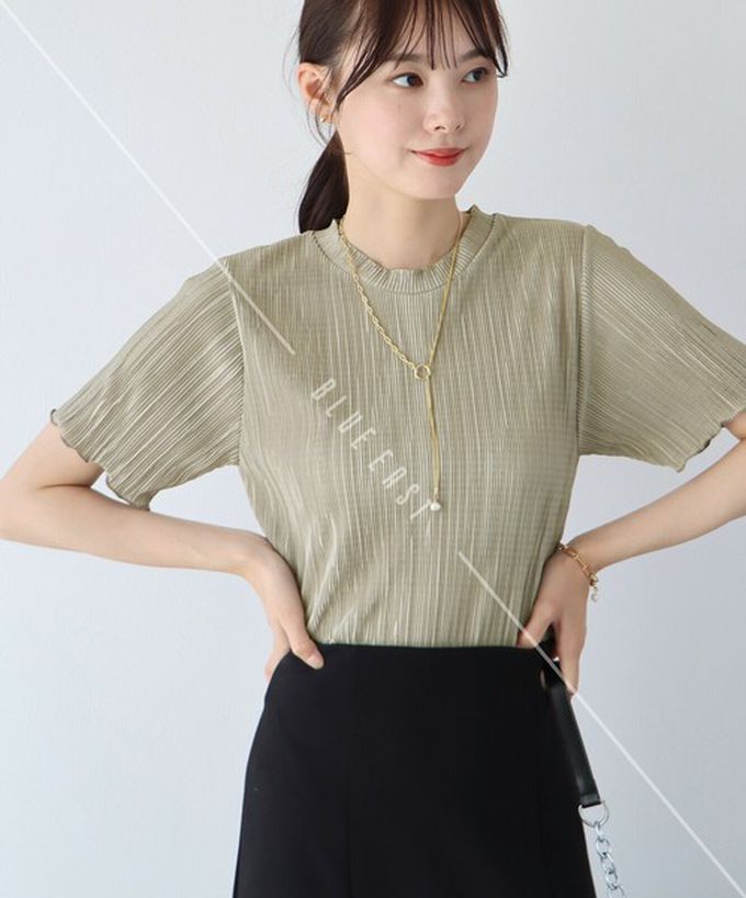 日本 BLUE EAST - 韓國製 圓領貝殼紋光澤短袖上衣-粉紅