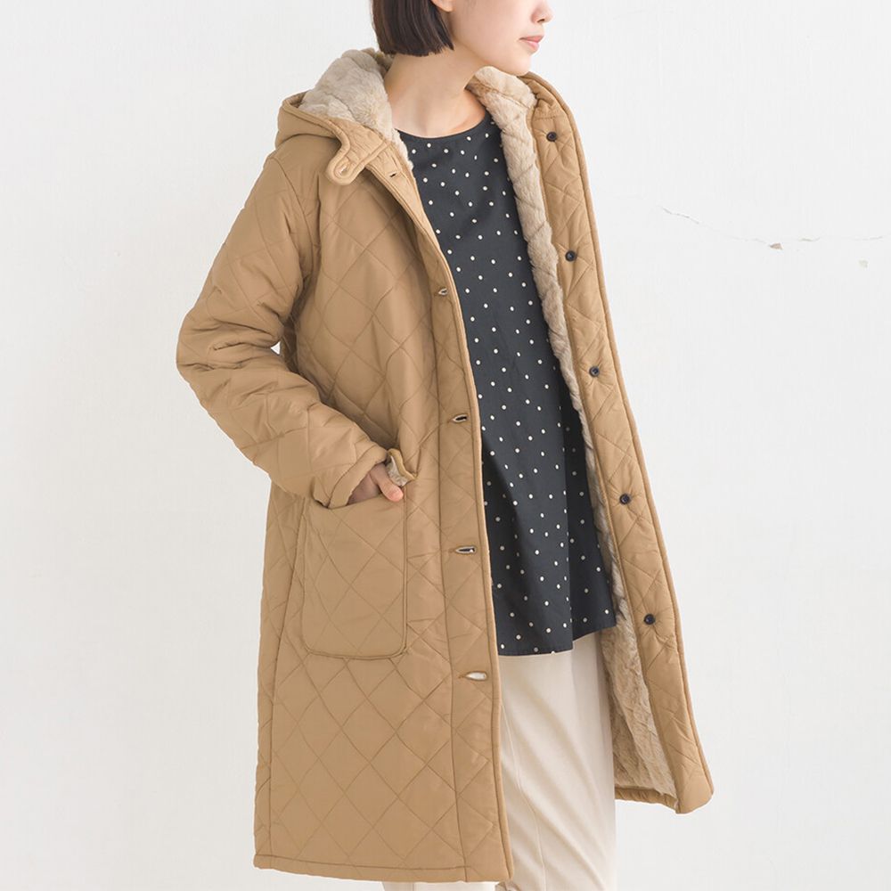 厚刷毛衍縫鋪棉長版連帽保暖外套-杏 (M)