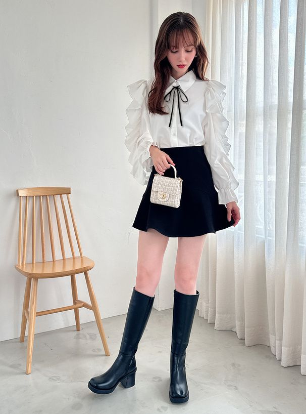 日本 GRL - 華麗荷葉袖翻領長袖襯衫-白 (F)