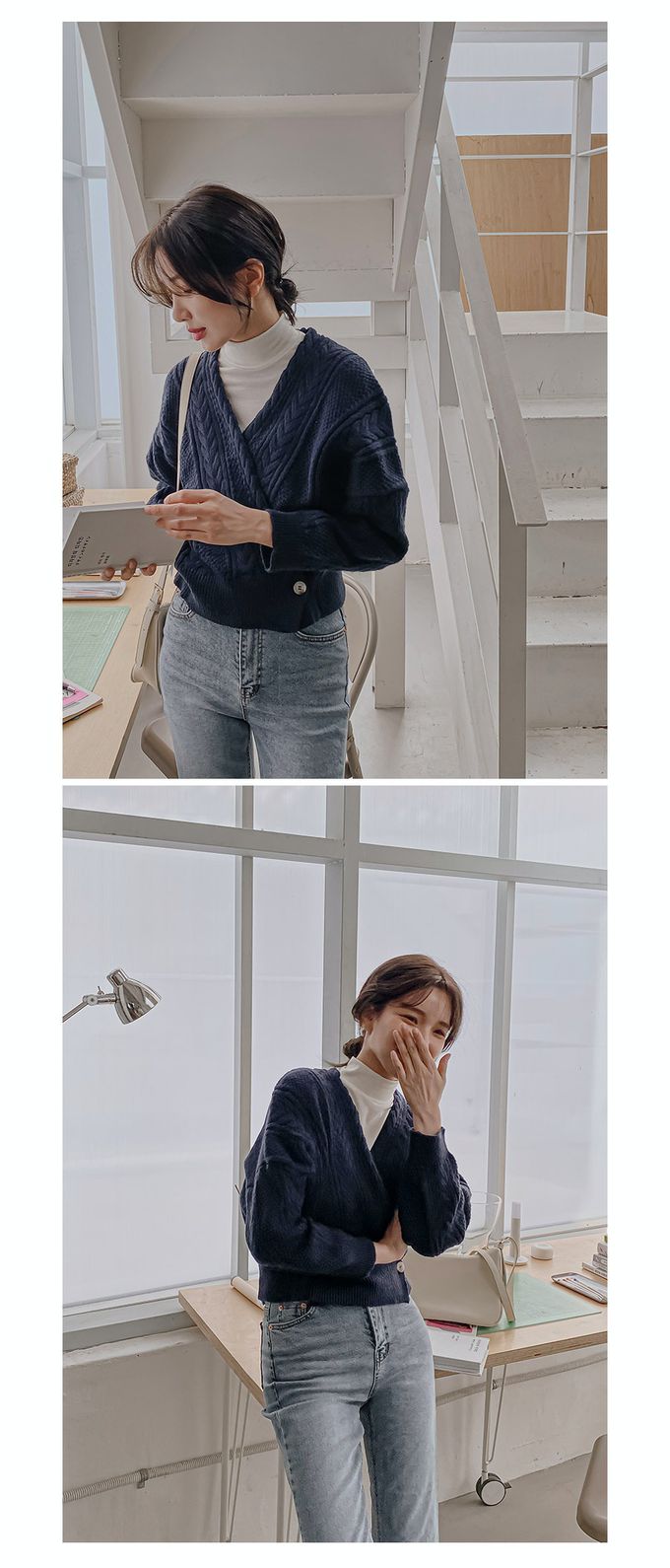 韓國 Urbantheroom - 經典麻花扣圍開襟針織衫-象牙色 (Free)