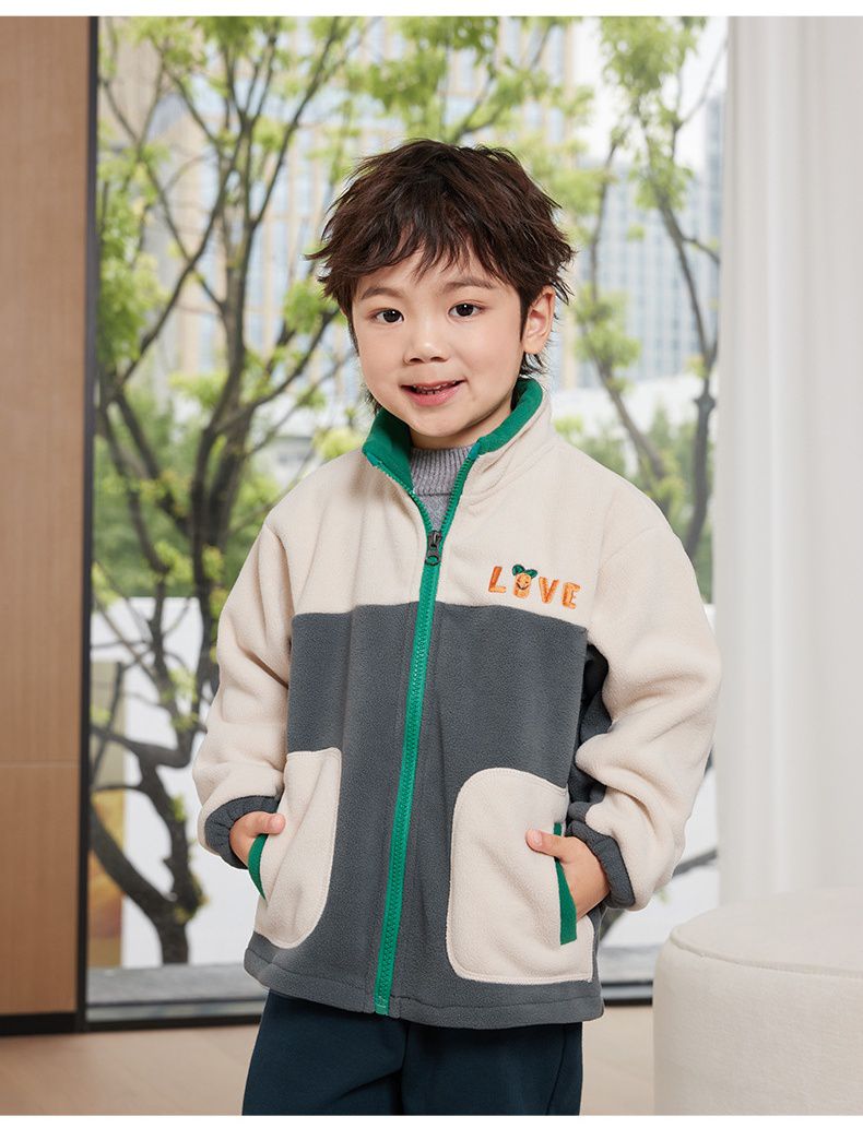 搖粒絨保暖兒童外套-LIVE-灰+杏