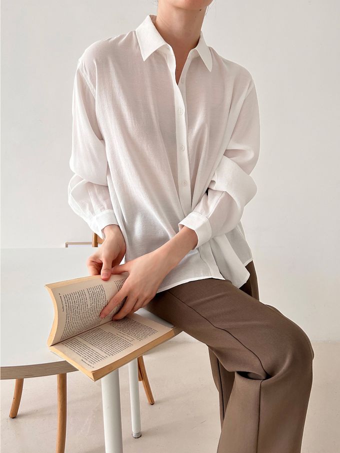 韓國女裝連線 - 質感薄透長袖翻領襯衫-白 (FREE)