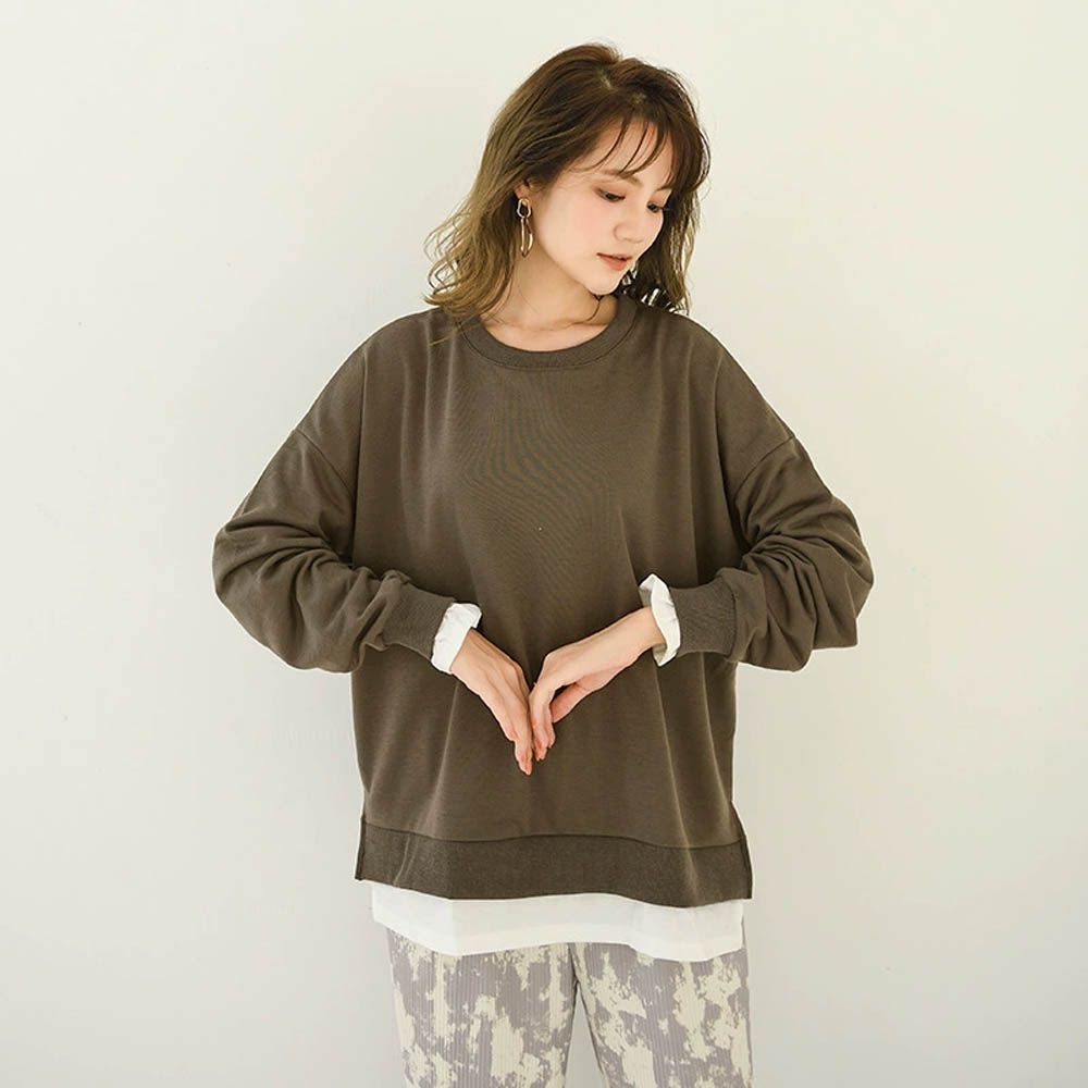 經典百搭假兩件長袖上衣-軍綠色