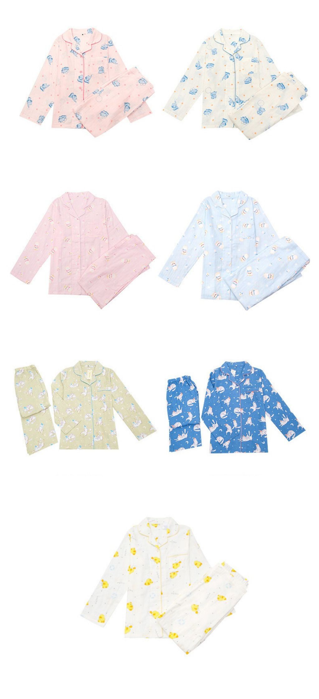 雙層棉紗布長袖家居睡衣套裝-成人款-粉橘底鴨子