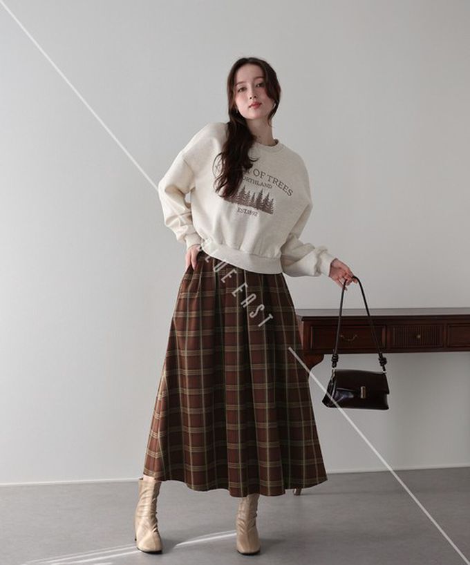 日本 BLUE EAST - 經典格紋挺版皺摺長裙(有口袋)-酒紅