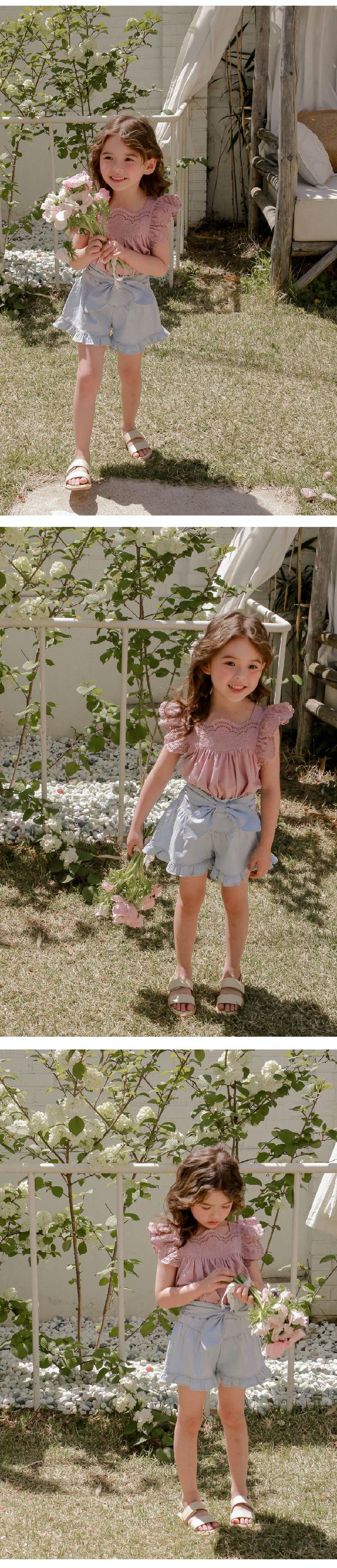 韓國 Puellaflo - 蕾絲鏤空領蝴蝶袖上衣-玫瑰粉