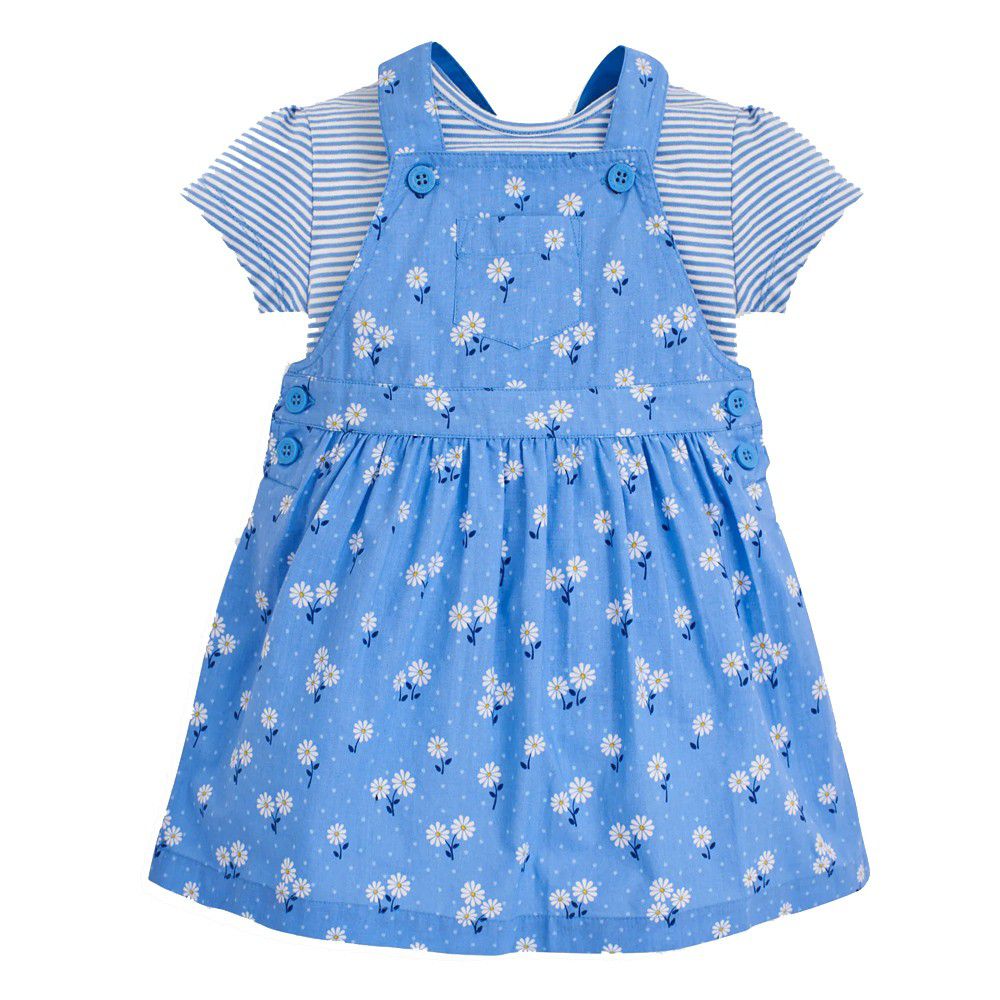 英國 JoJo Maman BeBe - 超優質嬰幼兒/兒童100％純棉2件式短袖洋裝-藍色花海