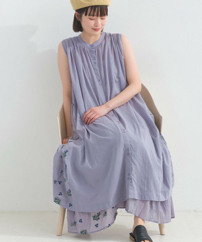 日本 Lupilien - 100%印度棉 優美植物側邊刺繡無袖洋裝-薄荷