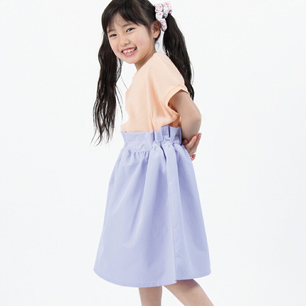 日本 evercloset - 透氣華夫格折邊拼接短袖洋裝-奶茶x粉紅