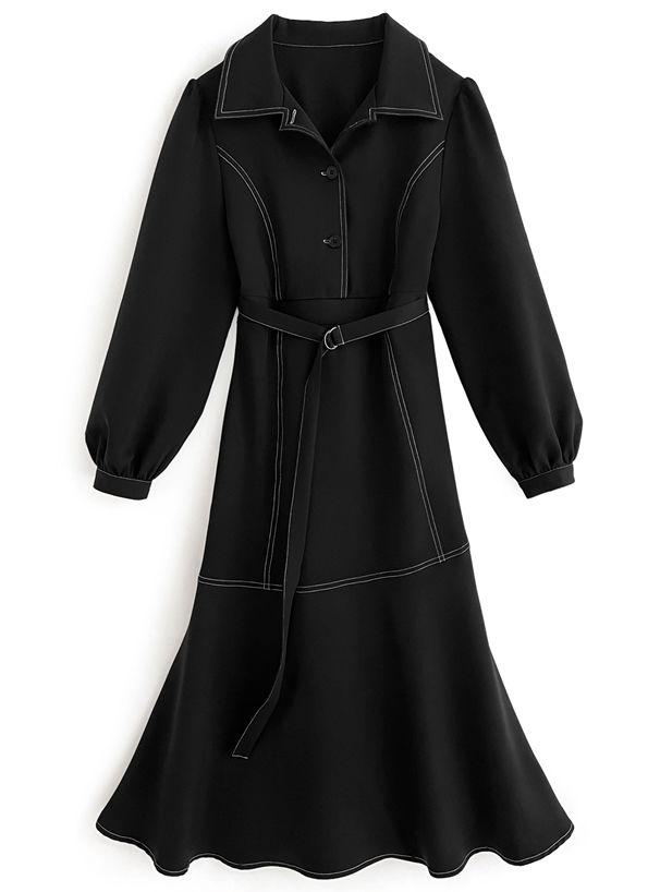 日本 GRL - 英倫率性車線翻領洋裝(附腰帶)-時尚黑