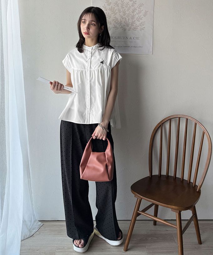 日本 Classical Elf - 刺繡logo成熟俐落法式袖襯衫-海軍藍條紋