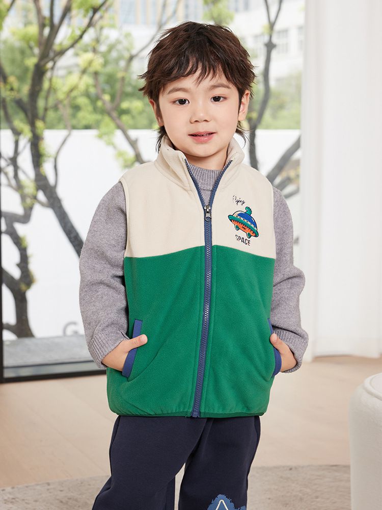 搖粒絨保暖兒童背心-外星飛碟-杏+橘