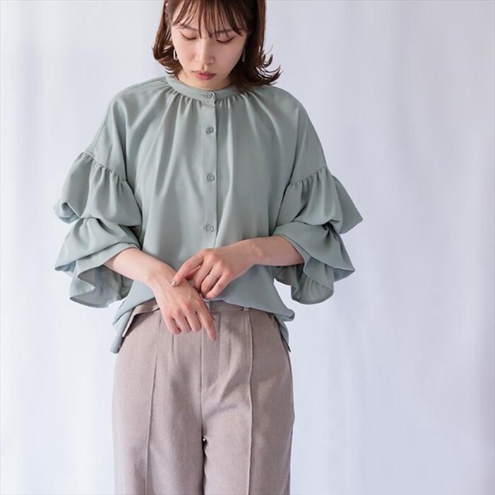 日本 ihuu - 甜美泡泡層次長袖襯衫-水藍