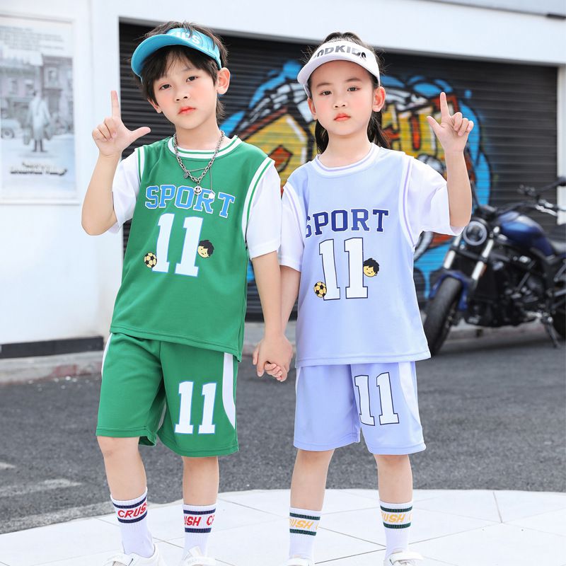 假兩件兒童速乾短袖運動套裝-數字11-綠色