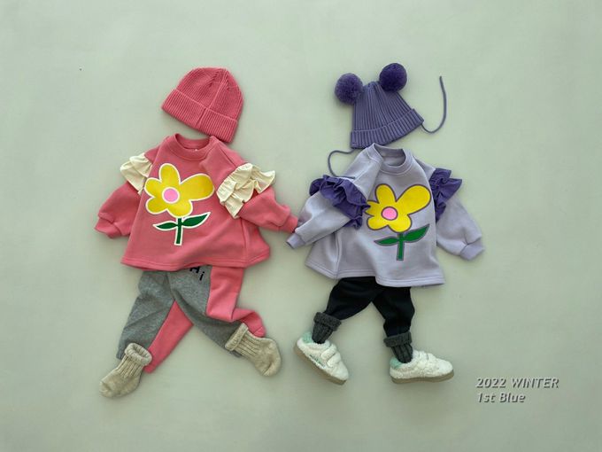 韓國 First Blue - 大花圖案波浪點綴長袖上衣-紫