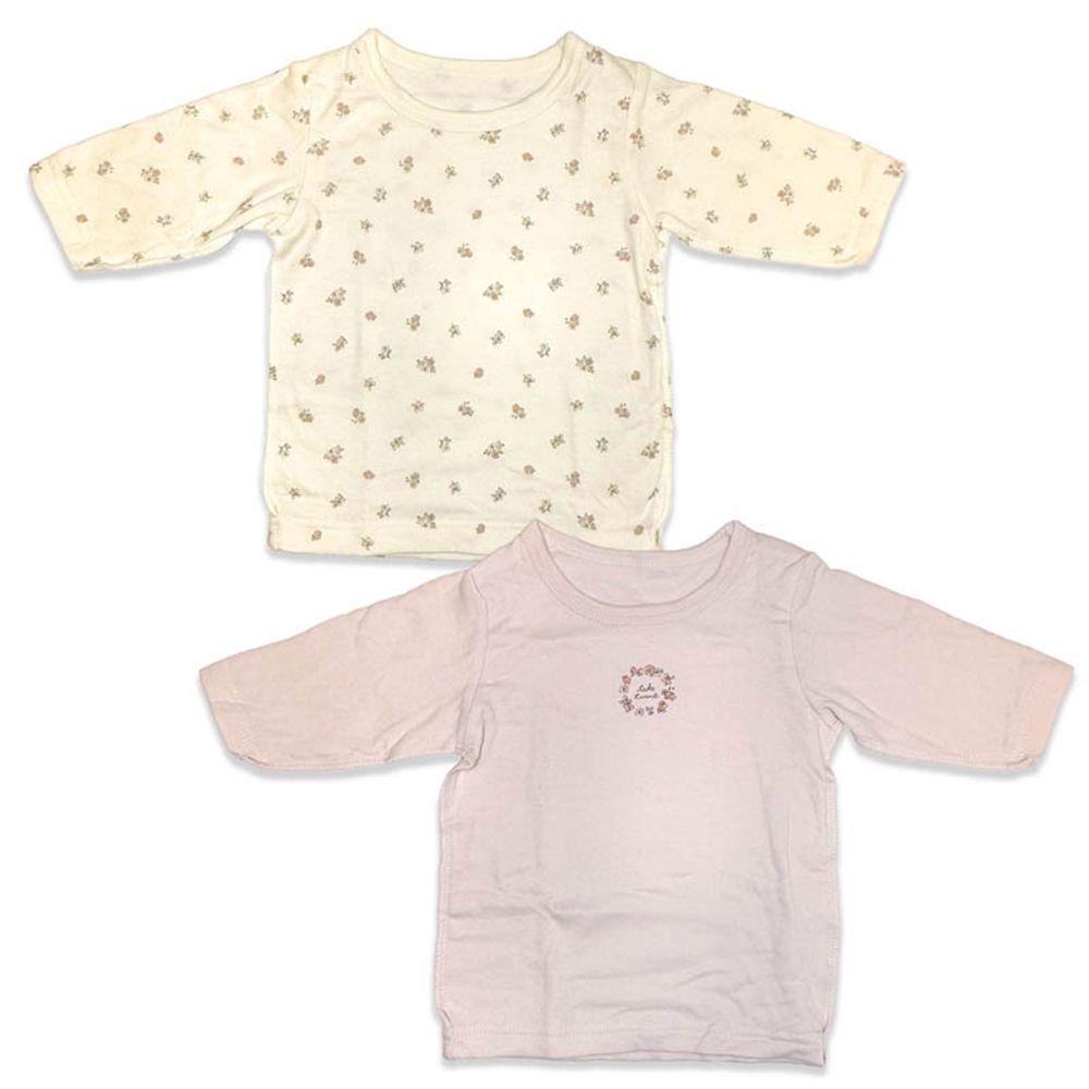 長袖圓領上衣2件組-蓬鬆棉 小花-粉紅色