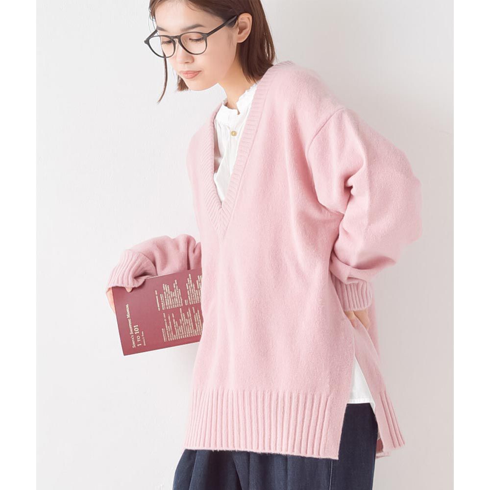 日本 OMNES - 羊毛混舒膚V領針織毛衣-櫻花粉-3025