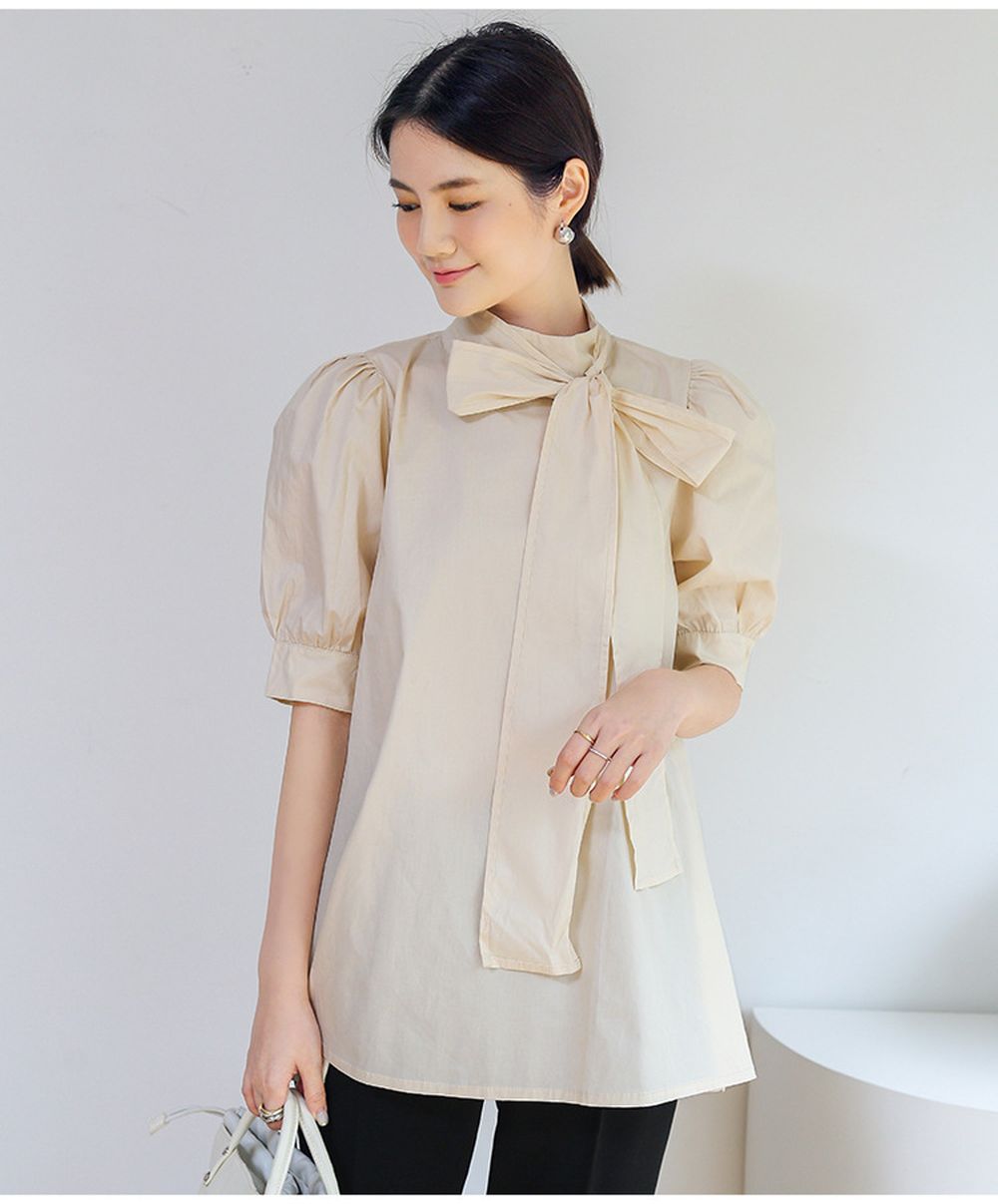優雅小立領燈籠袖上衣-蝴蝶結-米杏色 (F)