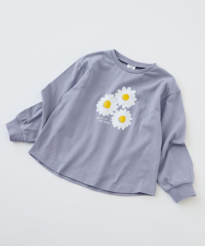 日本 devirock - 100%棉 定番女孩印花長袖上衣-小花-桃粉