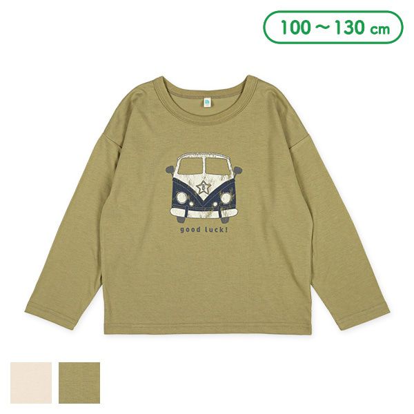 日本西松屋 - 圓領印花薄長袖上衣-復古車車-軍綠