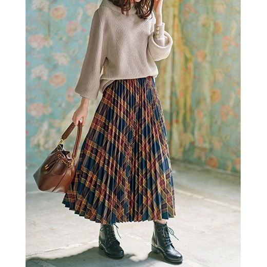 日本 BELLUNA - 學院氣質格紋百褶裙-卡其色系