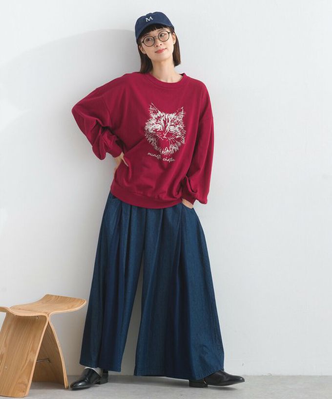 日本 Lupilien - 線條貓咪印花裏毛長袖上衣-黑