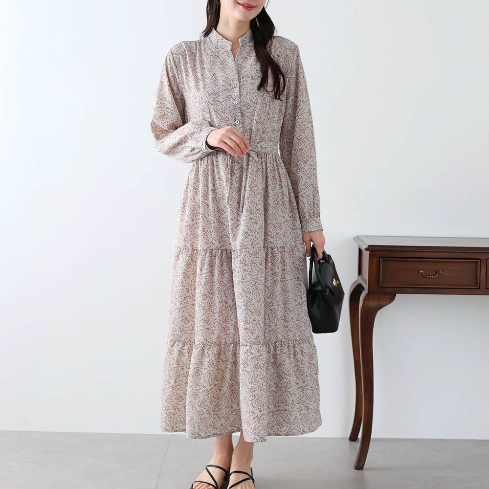 [人氣款]簡約抽繩收腰長袖洋裝-斑點小花-淺灰