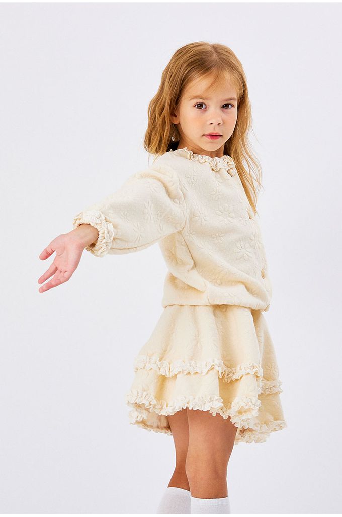 韓國 OZKIZ - 鬆緊腰立體花朵印拼接感短裙-米白