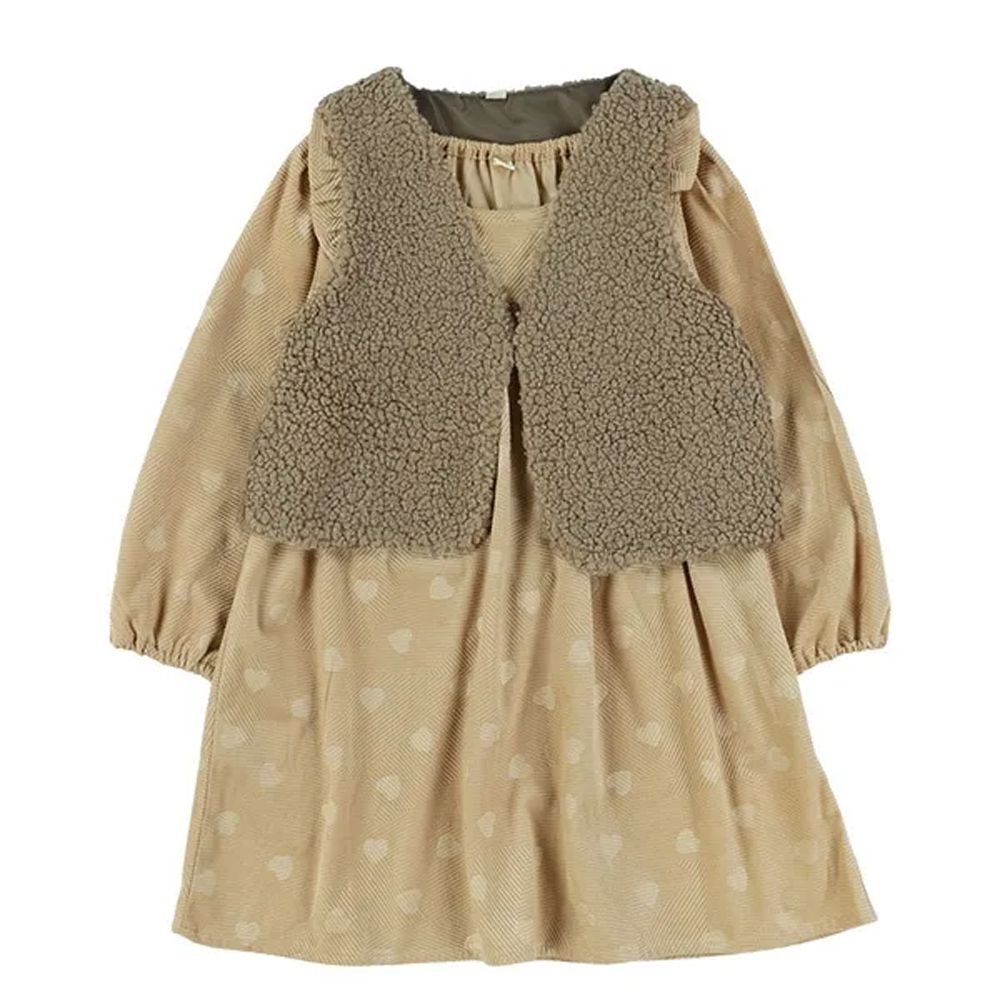 毛毛背心燈芯絨長袖長袖洋裝(兩件式)-愛心-淺卡其